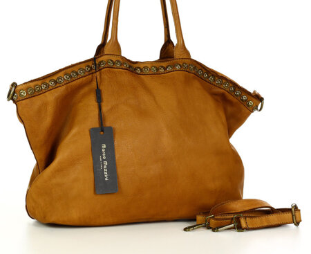 Duża torebka skórzana oversize style shopper bag - MARCO MAZZINI brąz camel