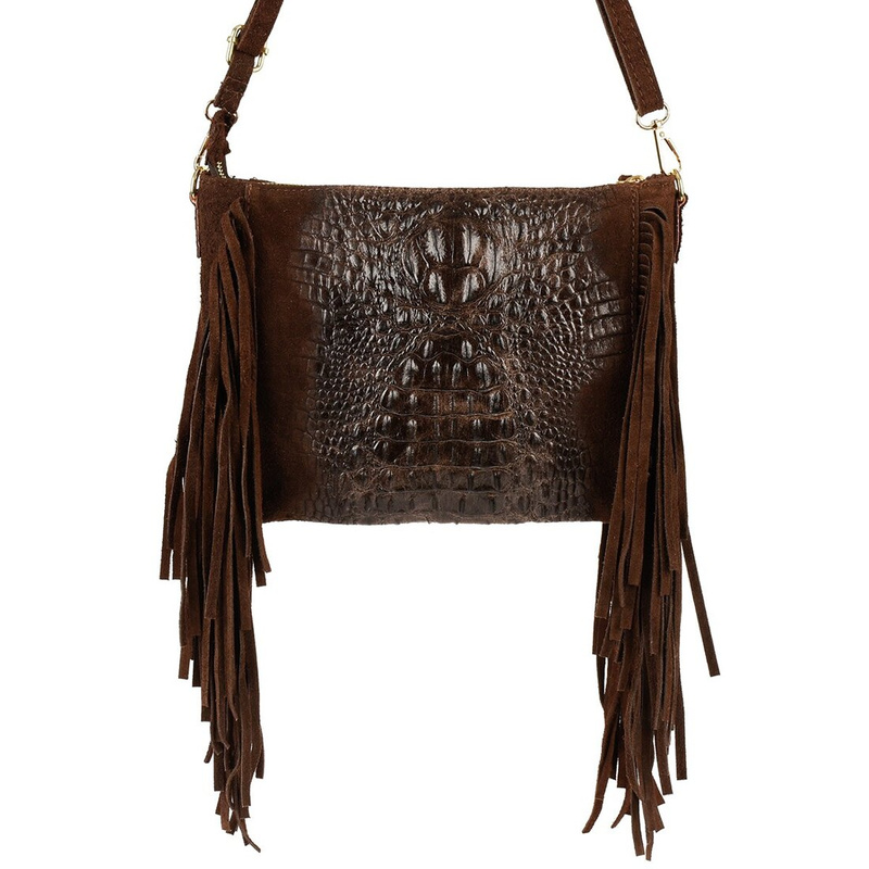 Brown women's Italian leather tassel horizontal handbag Z24