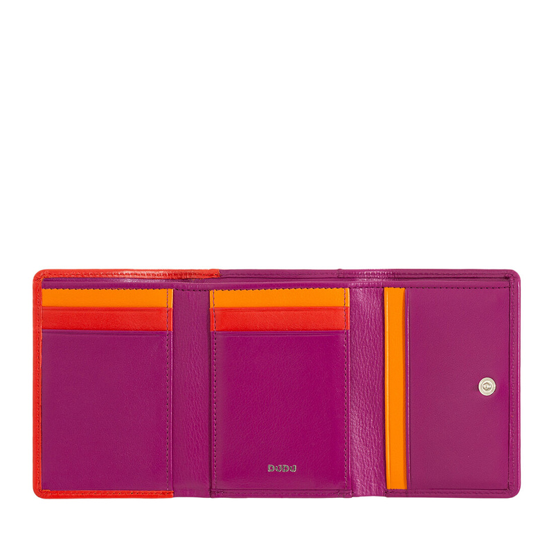 Women’s small RFID blocking wallet Colorful Corsica by DUDU made in soft leather. External coin pocket with clic clac and credit card slots, compact design.