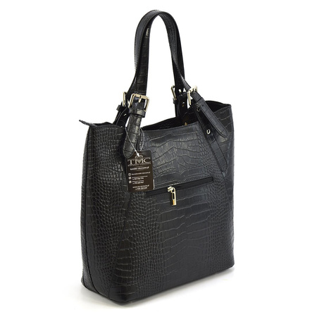 Large crocodile leather shopper shoulder bag