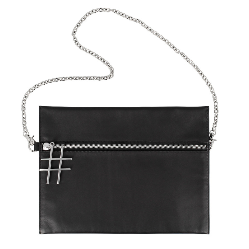 Thin black shoulder bag for womens Hashtag Like by DUDU in soft leather, design by ZAVEN, with chain and zip closure.