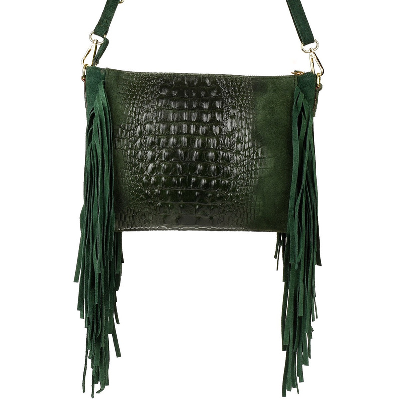 Dark green women's Italian leather tassel horizontal handbag Z24