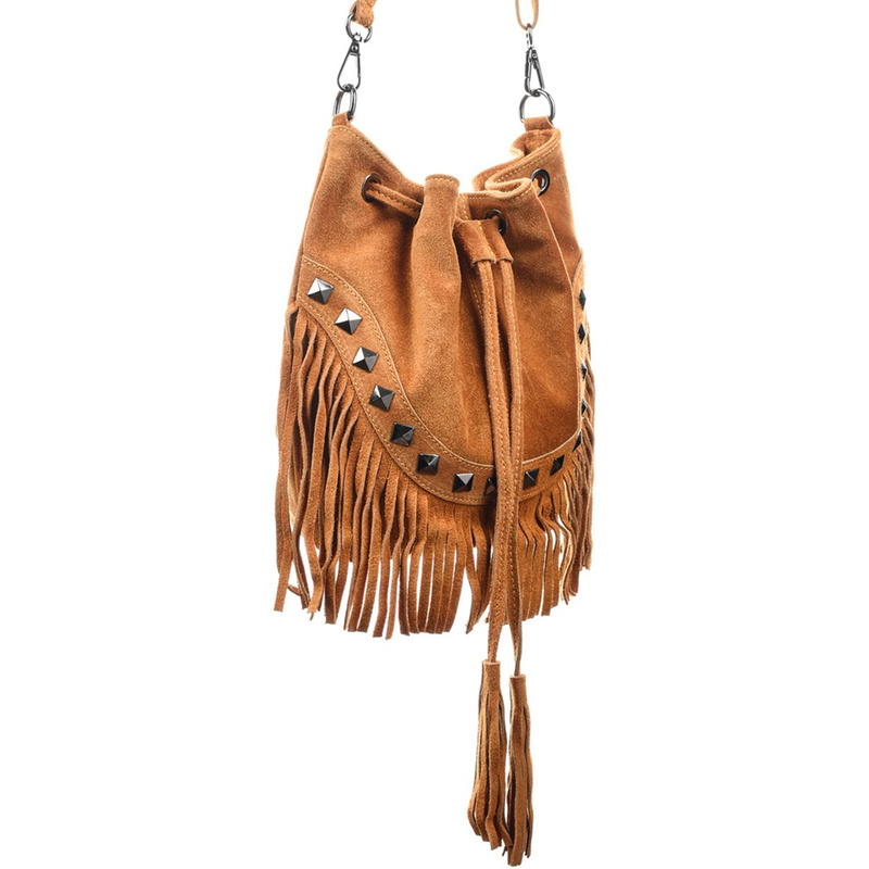 Women's Handbag Bag Leather Suede Tassels Italian Camel X39