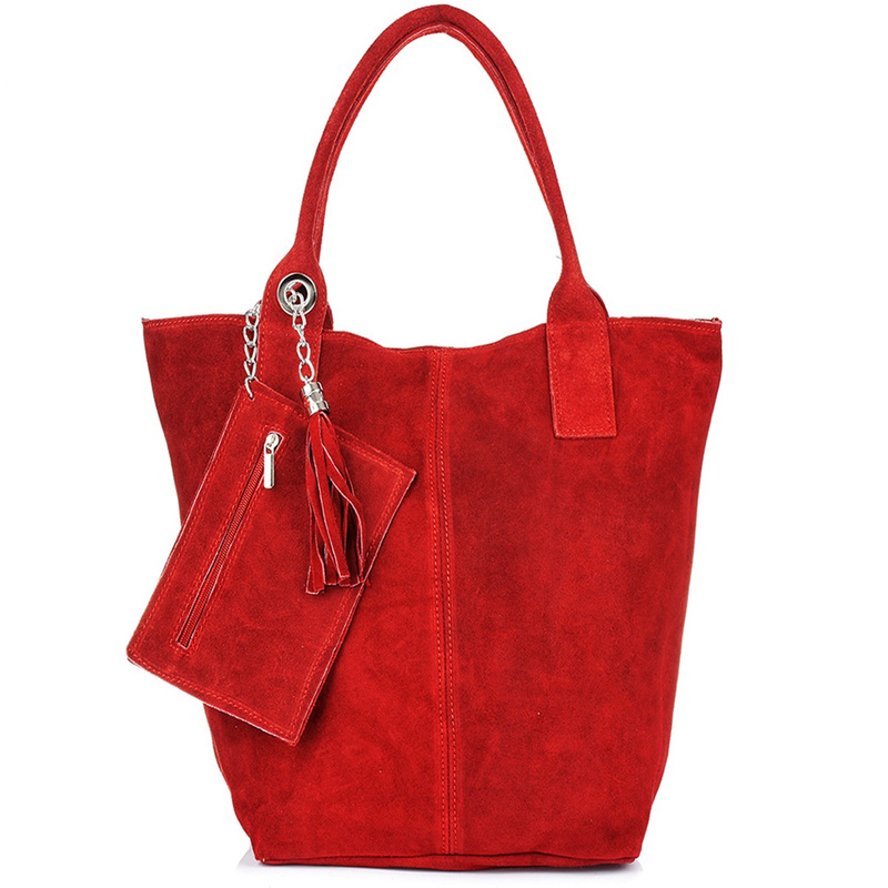 Italian Leather Suede Handbag A4 Shopper Red T49