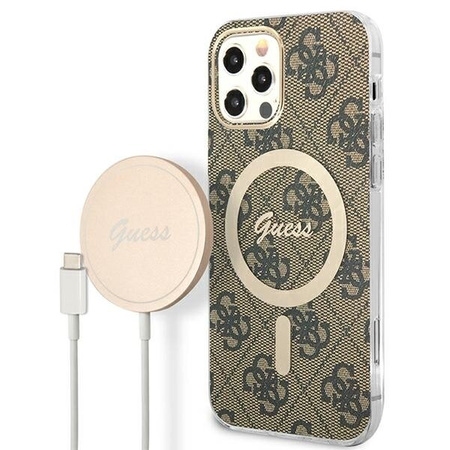 Zestaw Guess GUBPP12MH4EACSW Case+ Charger iPhone 12/12 Pro brązowy/brown hard case 4G Print MagSafe