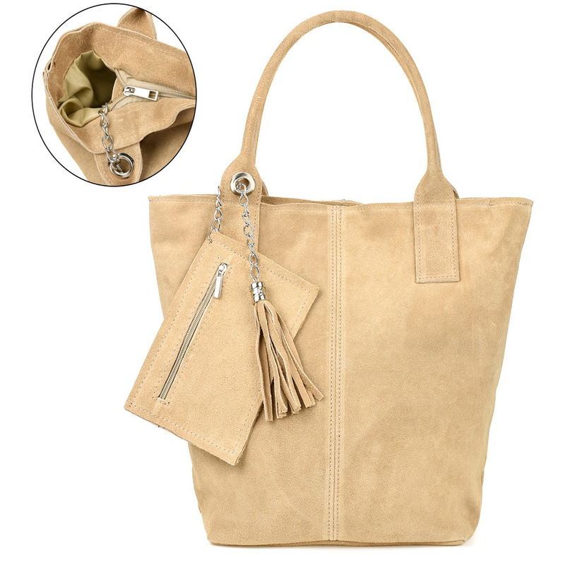 Italian Leather Suede A4 Shopper Handbag Beige T49