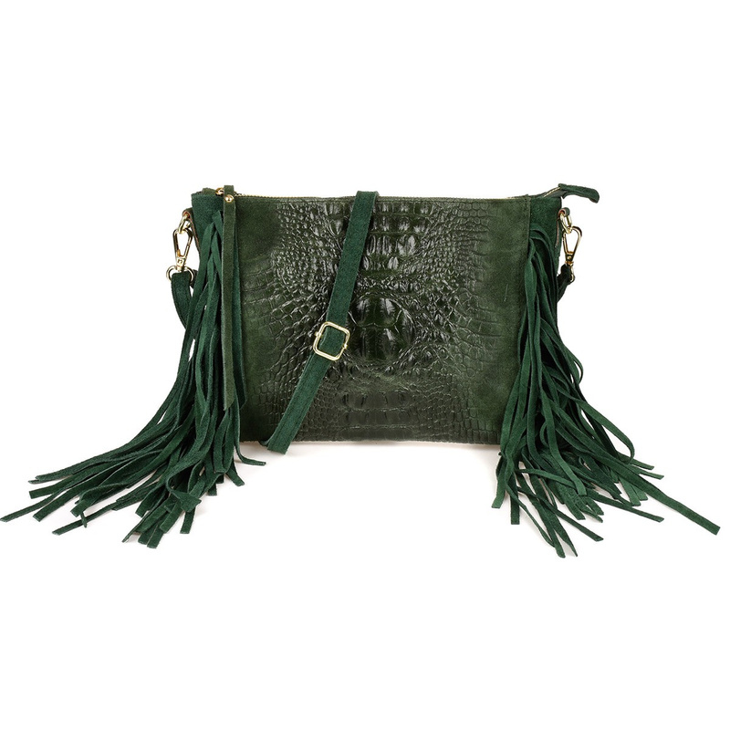 Dark green women's Italian leather tassel horizontal handbag Z24