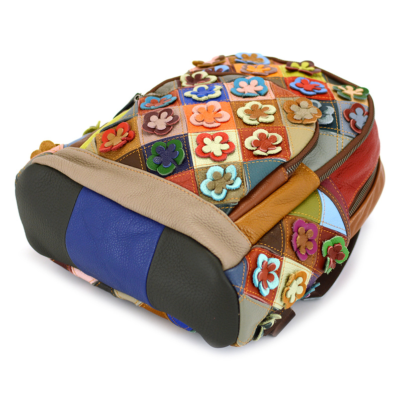 Women's leather backpack with colorful mosaic and flowers