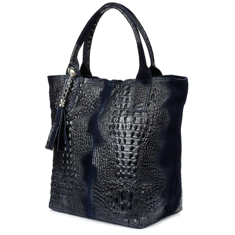 NAVY BLUE LARGE LEATHER SHOPPER CROCODILE LEATHER SATCHEL BAG L94