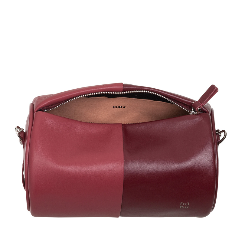 Barrel bag for women Colorful Abigail by DUDU in soft leather. Small shoulder bag with chain/leather strap with elegant design.