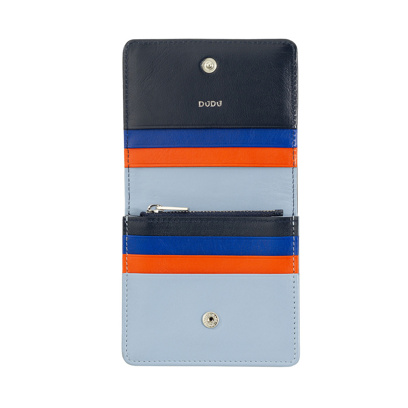 Women’s small RFID wallet Colorful Flores DUDU made in soft genuine leather colored and multiple card slots. Snap closure and inner zip pocket.