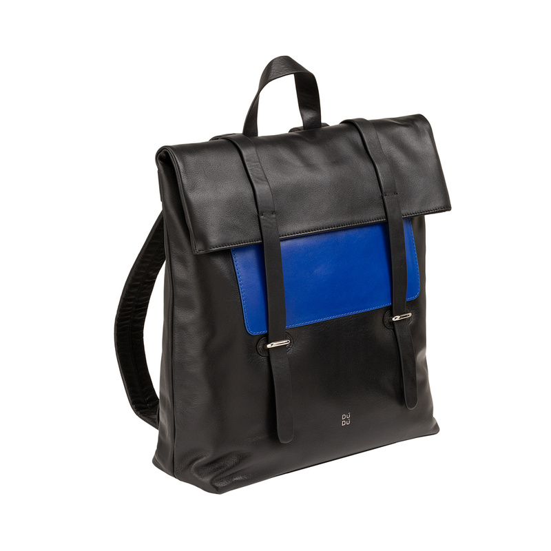 Multi coloured backpack for men or women Colorful Copenaghen by DUDU made in genuine nappa leather with top fold and magnetic buttons. Sporty and functional design.