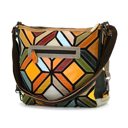 Women's colorful leather messenger bag with mosaic pattern