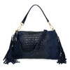 Navy blue women's Italian leather tassel horizontal handbag Z24