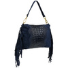 Navy blue women's Italian leather tassel horizontal handbag Z24