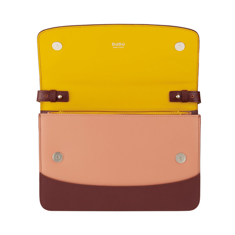 Womens large flap over shoulder bag Colorful Bologna by DUDU made in Italy, in genuine leather with detachable strap. Triple interior compartment.