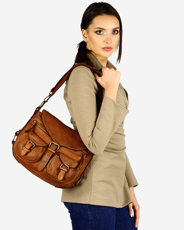 MARCO MAZZINI Skórzana torebka listonoszka z kieszeniami safari handmade bag camel