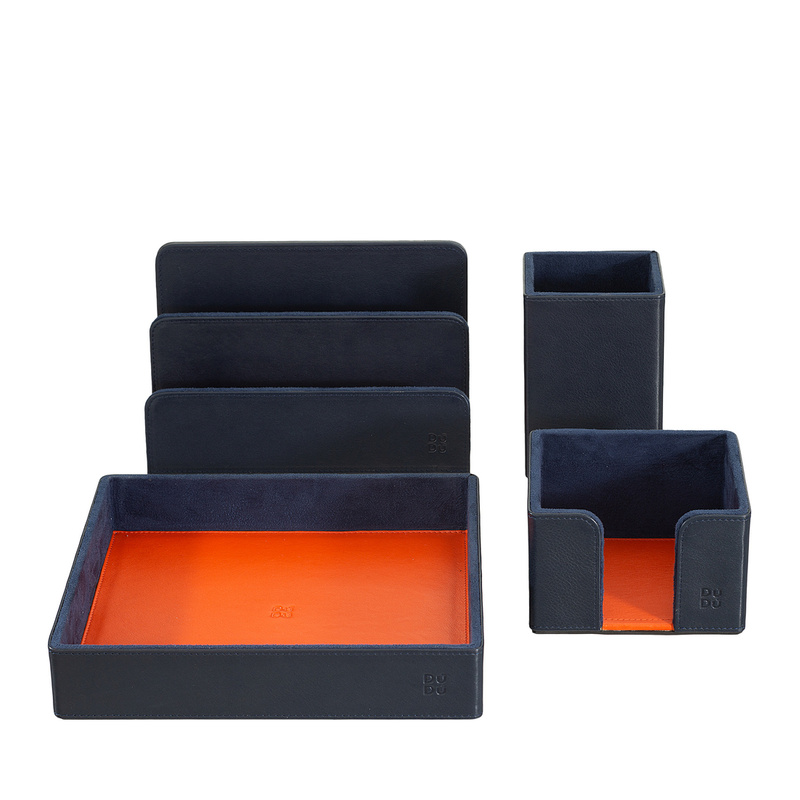 Office desk organizer set Colorful Caraibi by DUDU in genuine leather colored with valet tray, pens holder, envelopes holder and block notes holder.