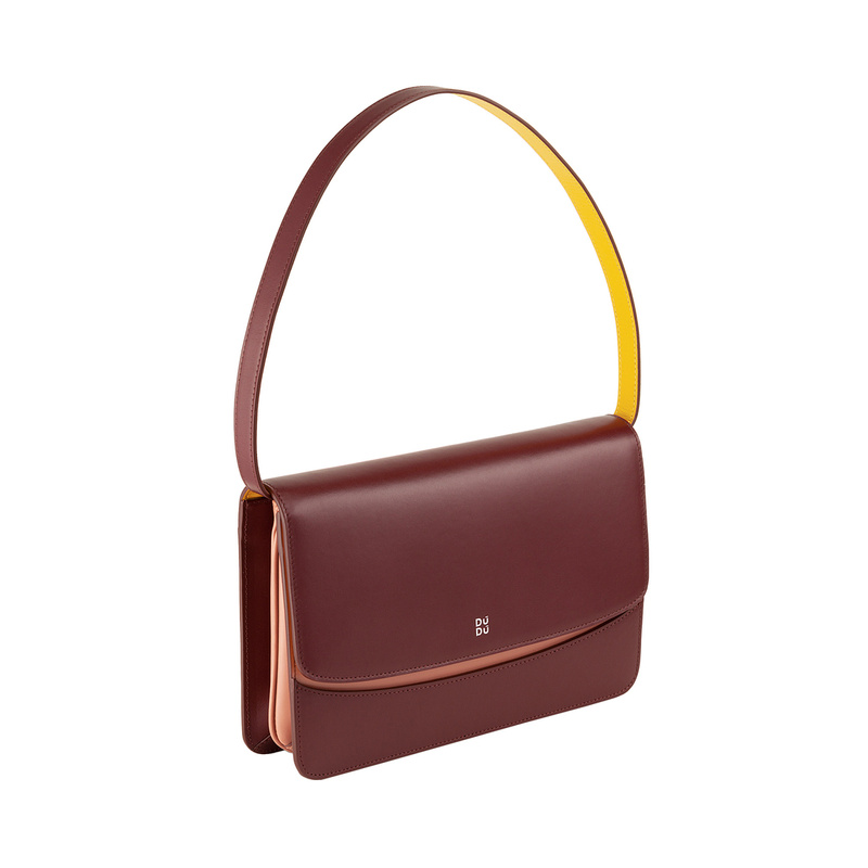 Womens large flap over shoulder bag Colorful Bologna by DUDU made in Italy, in genuine leather with detachable strap. Triple interior compartment.