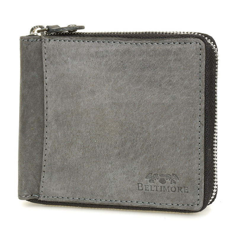 Zippered leather wallet large horizontal RFiD nubuck gray Beltimore H01