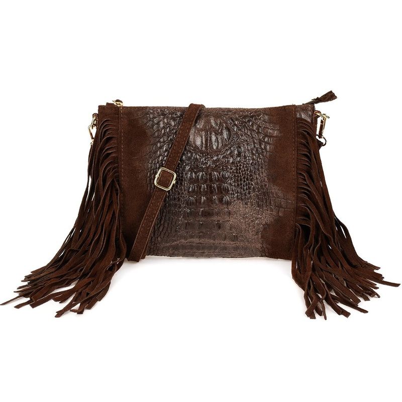 Brown women's Italian leather tassel horizontal handbag Z24