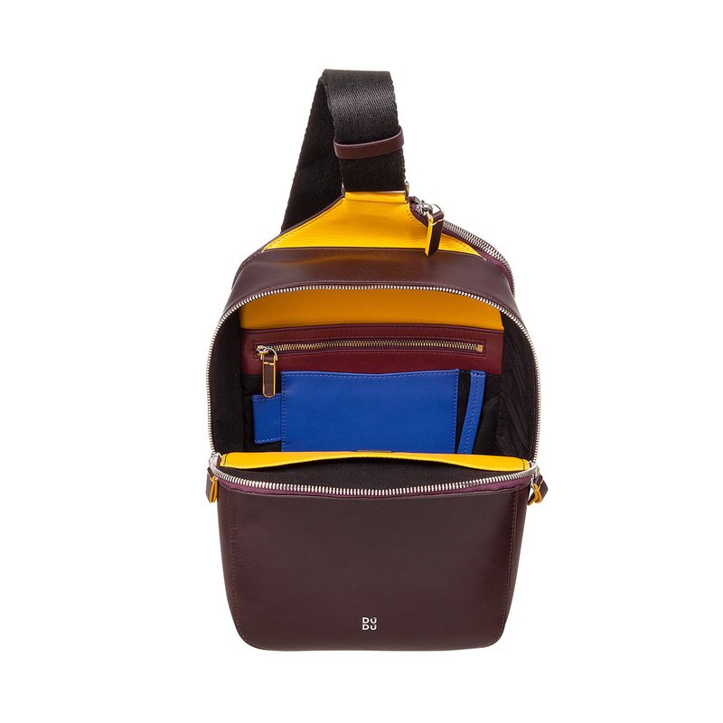 Mens sling bag Colorful Seoul by DUDU made in genuine leather with tablet holder, zipper closure and adjustable shoulder strap. Casual, lightweight and compact design.