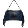 Navy blue women's Italian leather tassel horizontal handbag Z24