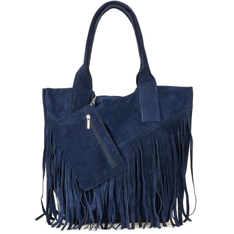 Navy blue leather bag A4 Large L83 fringed