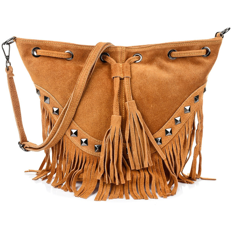 Women's Handbag Bag Leather Suede Tassels Italian Camel X39