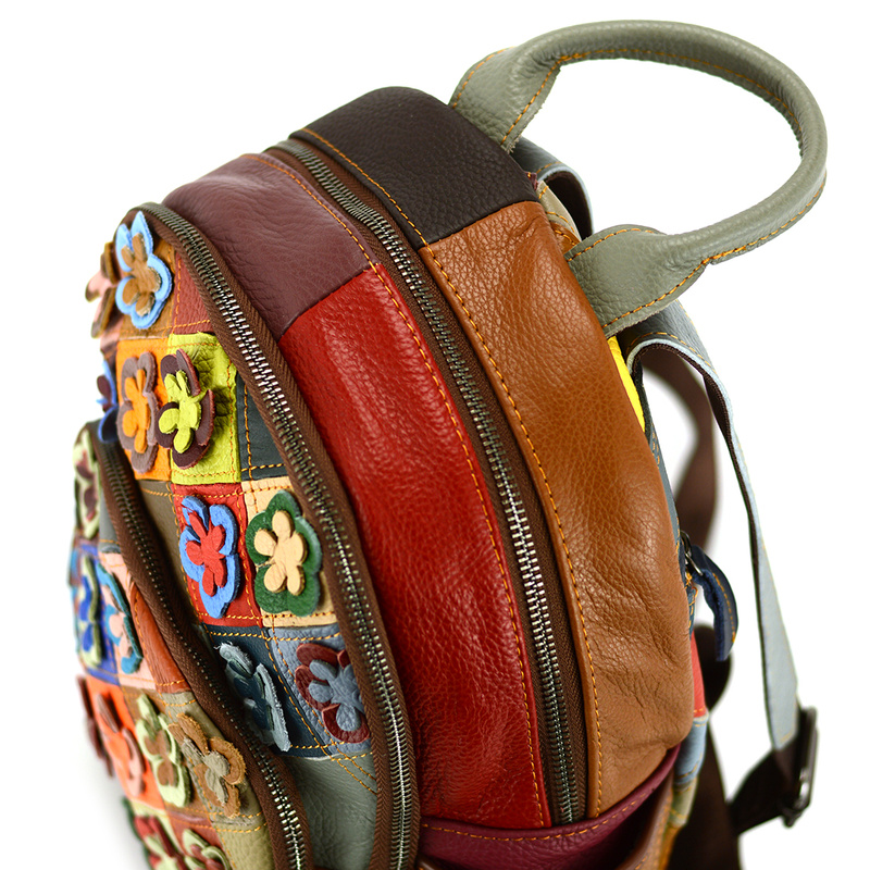 Women's leather backpack with colorful mosaic and flowers