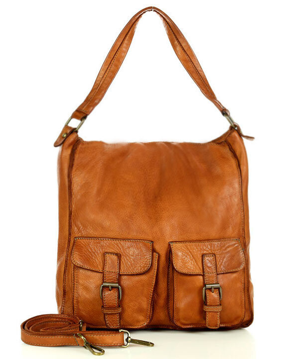 Torebka skórzana na ramię z kieszonkami safari leather bag - MARCO MAZZINI brąz camel