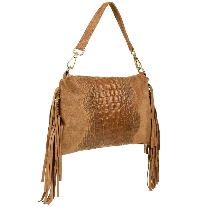 Beige women's Italian leather tassel horizontal handbag Z24