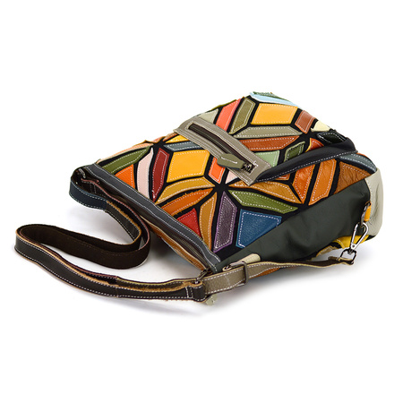 Women's colorful leather messenger bag with mosaic pattern