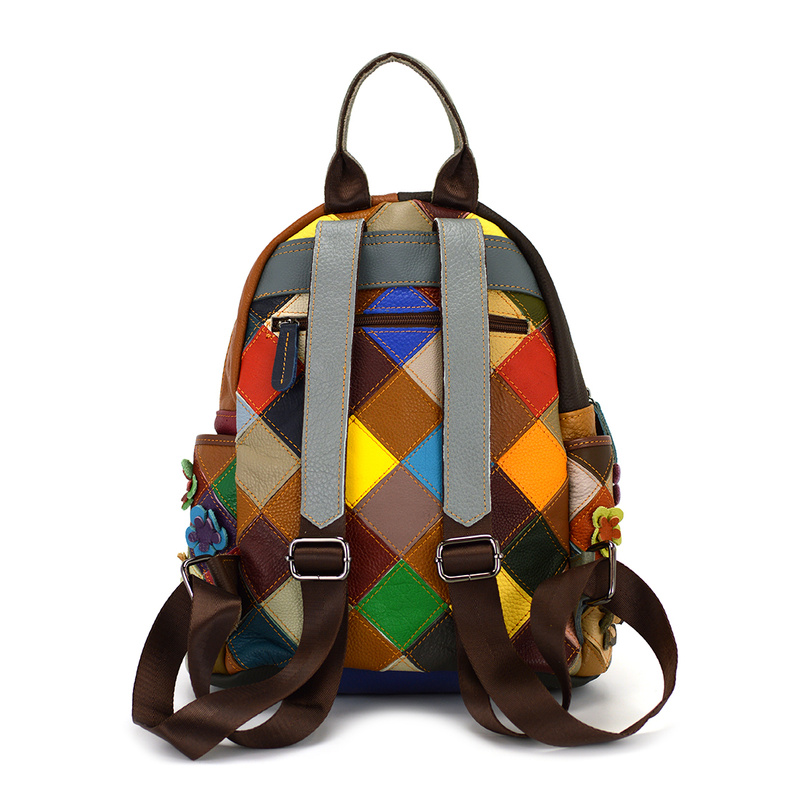 Women's leather backpack with colorful mosaic and flowers