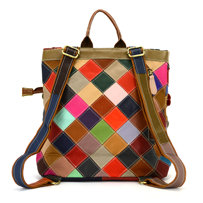 A unique leather backpack with a colorful mosaic pattern