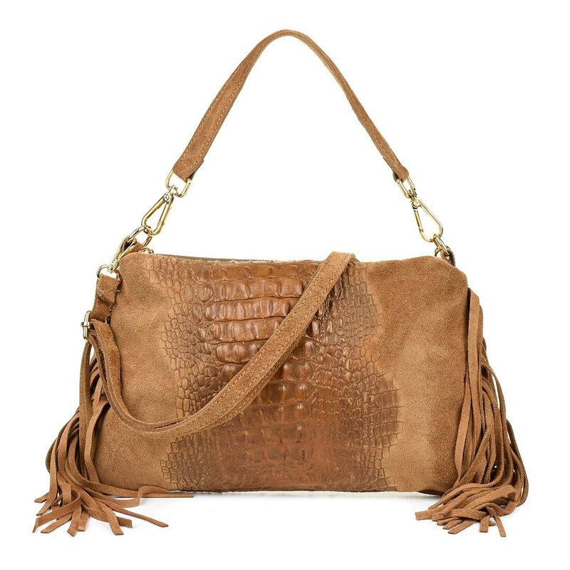 Beige women's Italian leather tassel horizontal handbag Z24