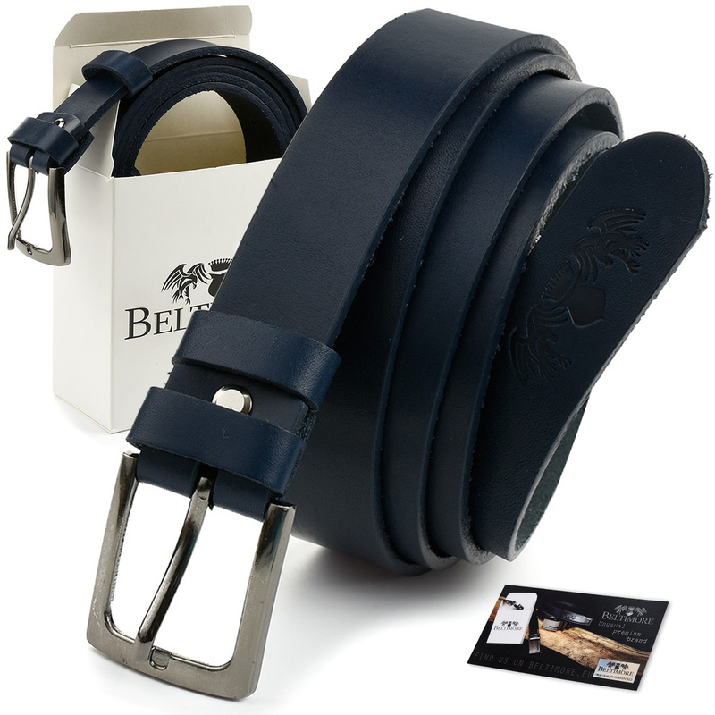 Beltimore full grain leather narrow men's belt navy blue oversize A80 : Colors - navy blue, Strap Size - r.180-195 cm