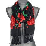 Black Large Women's Scarf warm in roses tassels for autumn unique DOR-2A