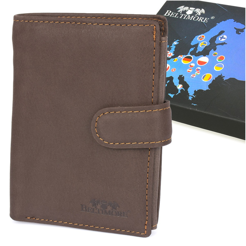 Men's vertical leather wallet with clasp large Beltimore brown RFiD I42