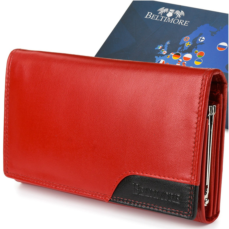 Women's leather wallet large horizontal with earworm RFiD red BELTIMORE 038