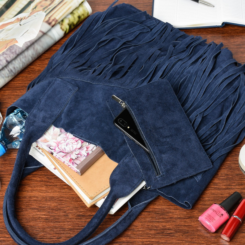 Navy blue leather bag A4 Large L83 fringed