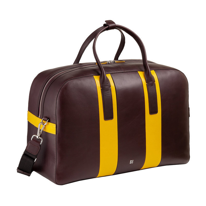 Large duffle bag unisex Colorful Cambridge by DUDU made in genuine leather with double handle and detachable shoulder strap. High quality elegant weekender overnight bag.