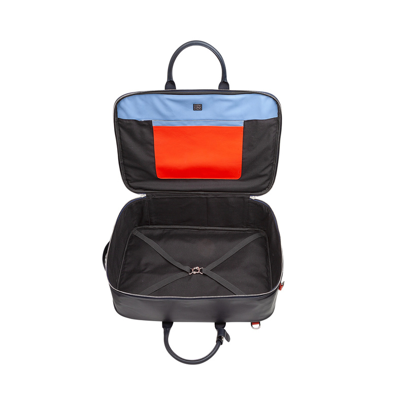 Travel suitcase Colorful Amsterdam by DUDU in genuine leather with handles and shoulder strap. The suitcase can become a comfortable backpack or shoulder bag from 33 litres.