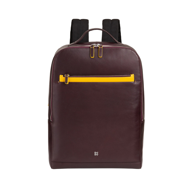 Men’s elegant business backpack Colorful Baltimora by DUDU made in genuine leather with trolley strap. Double anti-theft zipper and laptop holder until 13 inches.