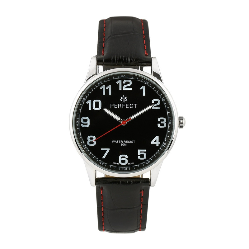 Men's watch quartz black classic leather strap with red trim C410