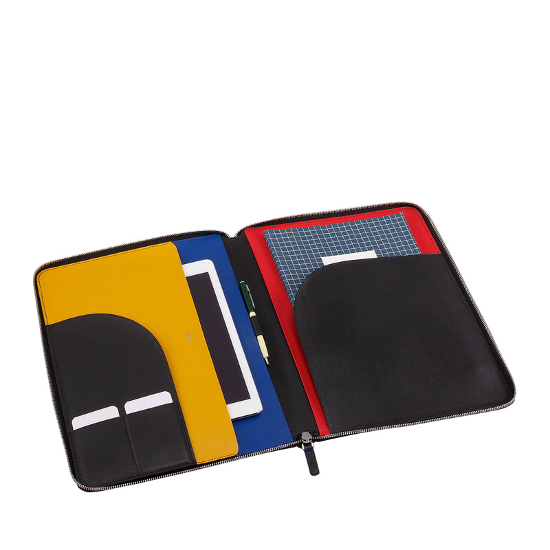 A4 zipped document holder Colorful by DUDU made in soft leather with metal zip around and iPad tablet pocket. Refined and elegant bag, suitable for travel work.