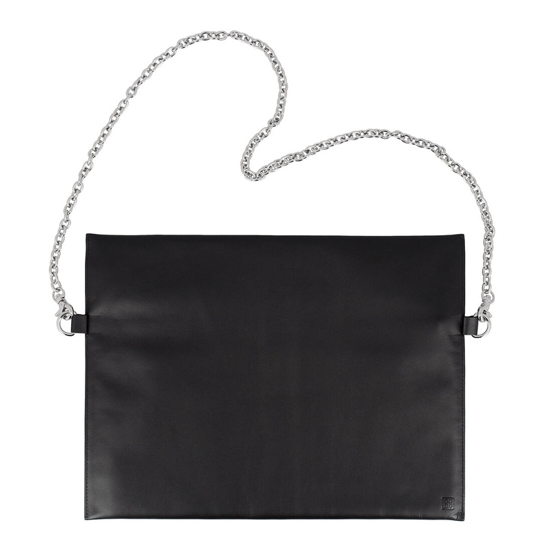 Thin black shoulder bag for womens Hashtag Like by DUDU in soft leather, design by ZAVEN, with chain and zip closure.