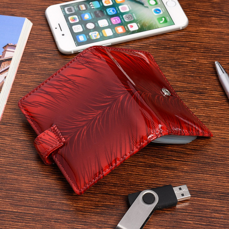 Leather case for documents cards cover natural leather business card holder red with feathers M32