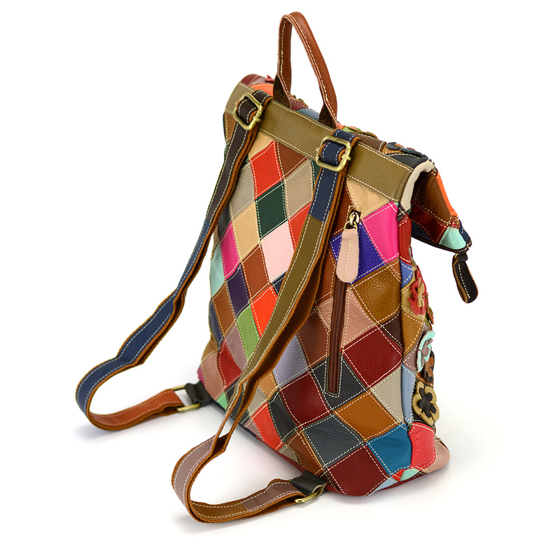 A unique leather backpack with a colorful mosaic pattern