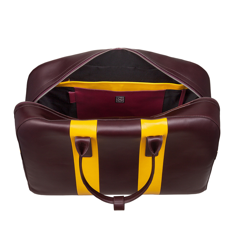 Large duffle bag unisex Colorful Cambridge by DUDU made in genuine leather with double handle and detachable shoulder strap. High quality elegant weekender overnight bag.